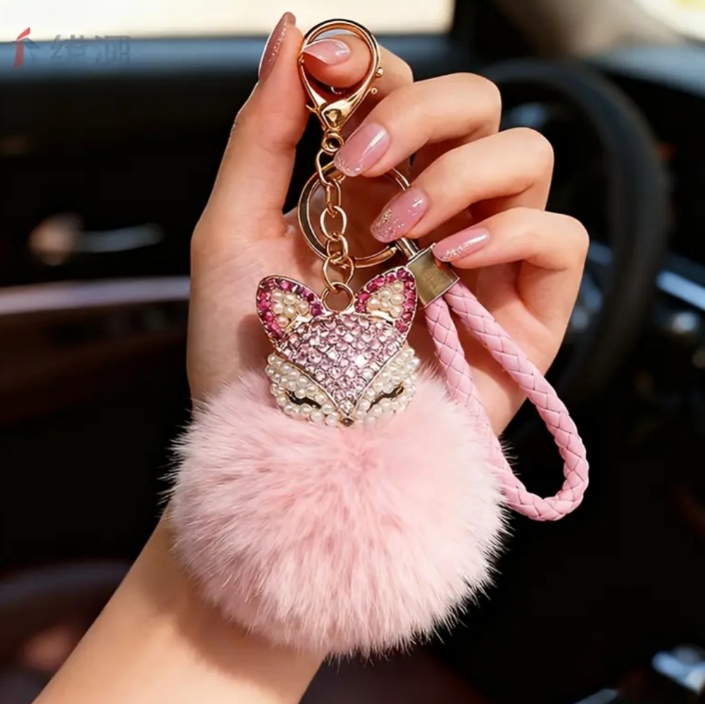 🐎NEW! Pink Crystal Fox Pom Pom Keychain/Bag Charm